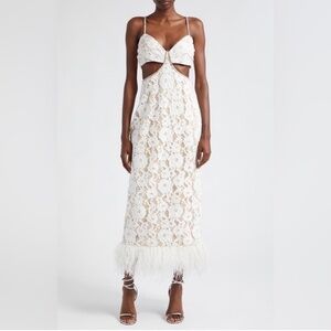 Likely Sarah Cutout Lace Feather Trim Maxi Dress